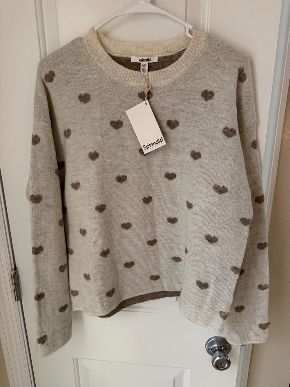 Splendid Cream Sweater with Taupe Heart Motif